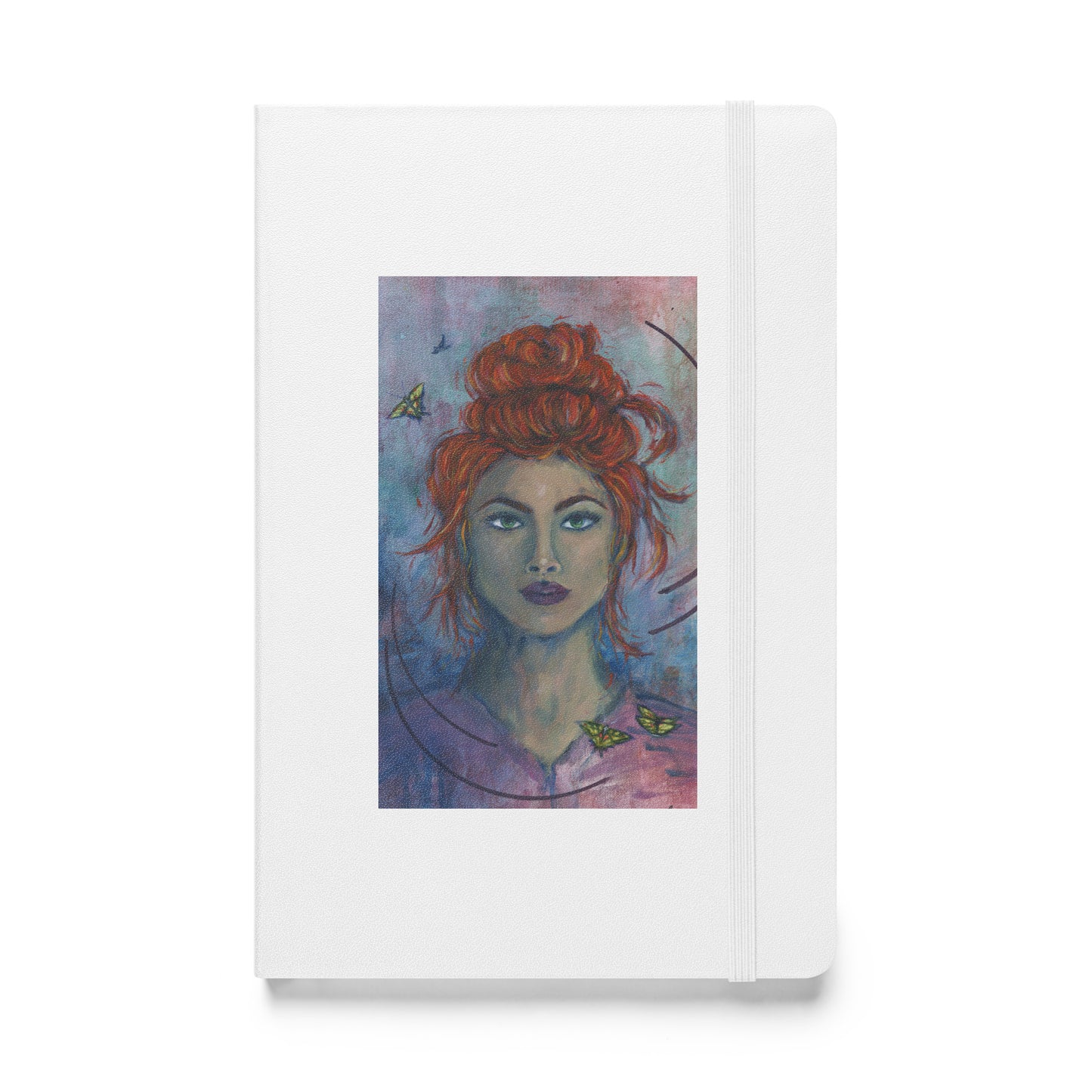 White notebook with a painting of a woman with red hair and butterflies on the cover