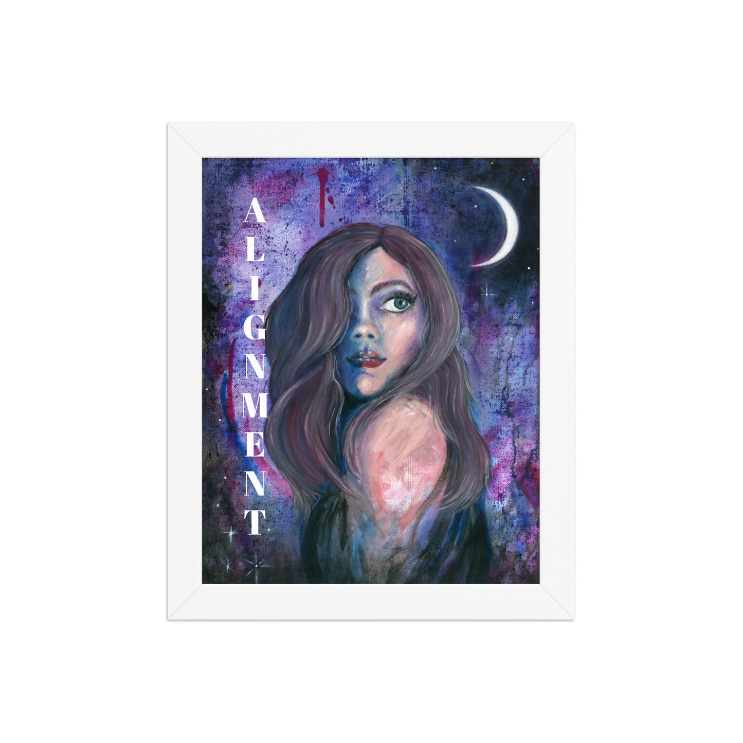 Framed artwork of a woman with long hair against a purple cosmic background, featuring the word 'ALIGNMENT'.